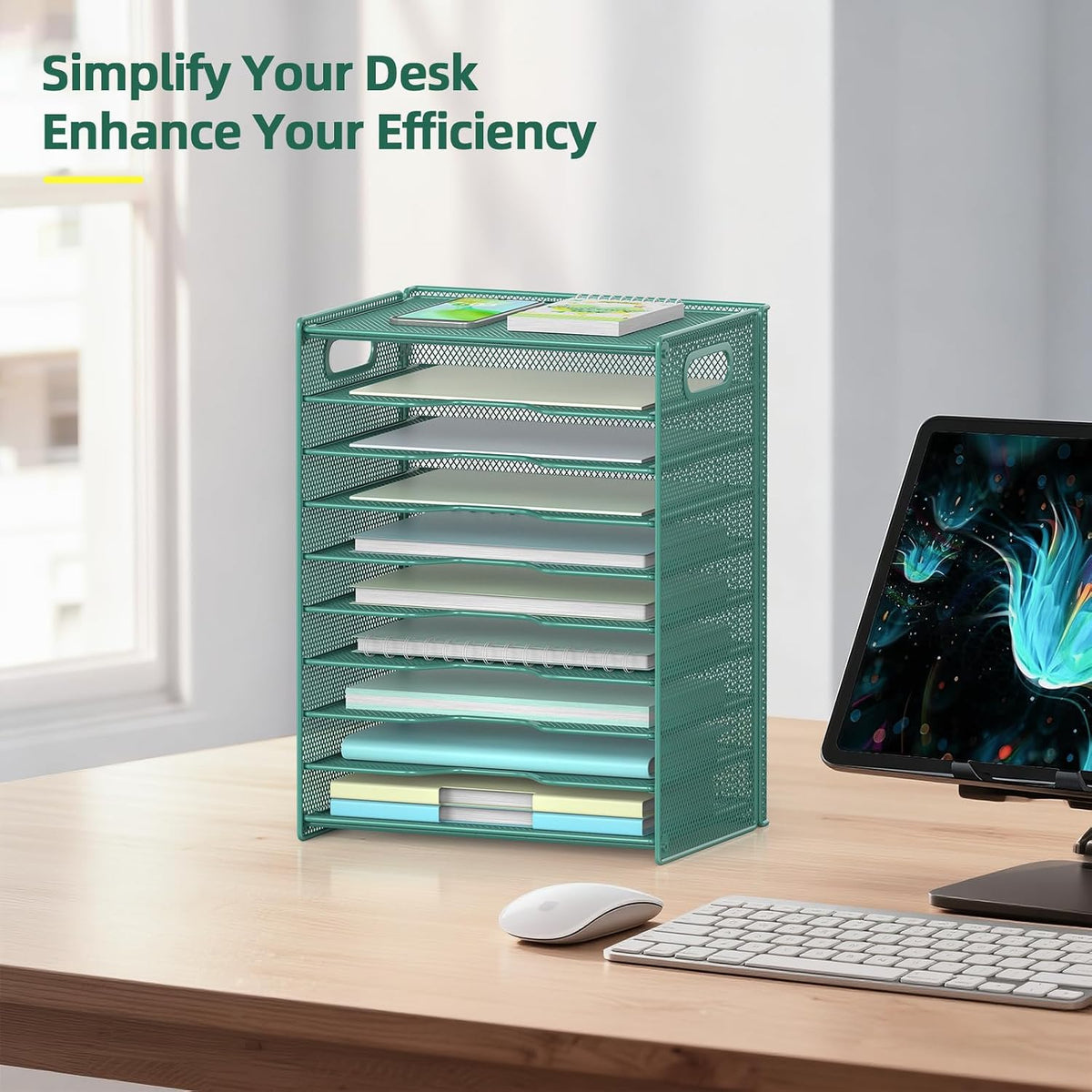 10 Tier Paper Organizer - Letter Tray Mesh Desk File Organizer with Handles for Office School Desktop, Black