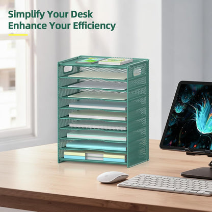 10 Tier Paper Organizer - Letter Tray Mesh Desk File Organizer with Handles for Office School Desktop, Black