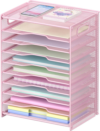 10 Tier Paper Organizer - Letter Tray Mesh Desk File Organizer with Handles for Office School Desktop, Black