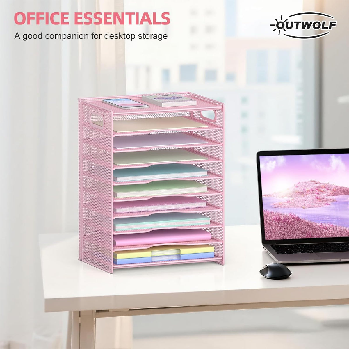 10 Tier Paper Organizer - Letter Tray Mesh Desk File Organizer with Handles for Office School Desktop, Black
