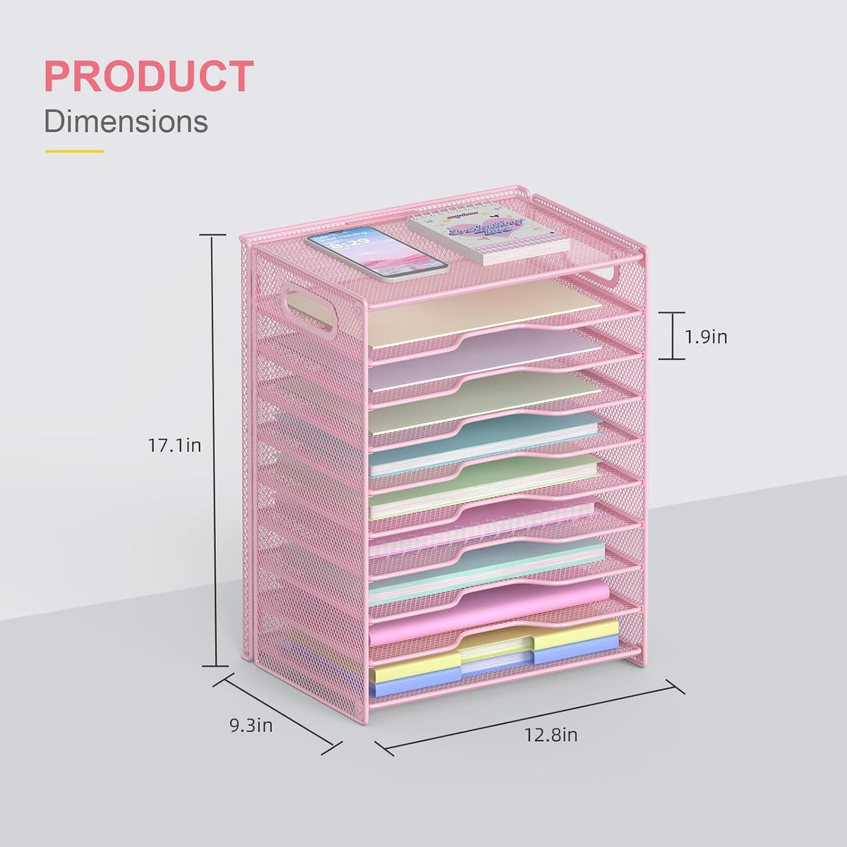 10 Tier Paper Organizer - Letter Tray Mesh Desk File Organizer with Handles for Office School Desktop, Black