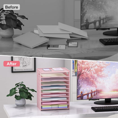 10 Tier Paper Organizer - Letter Tray Mesh Desk File Organizer with Handles for Office School Desktop, Black