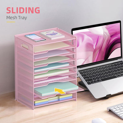 10 Tier Paper Organizer - Letter Tray Mesh Desk File Organizer with Handles for Office School Desktop, Black