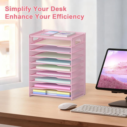 10 Tier Paper Organizer - Letter Tray Mesh Desk File Organizer with Handles for Office School Desktop, Black