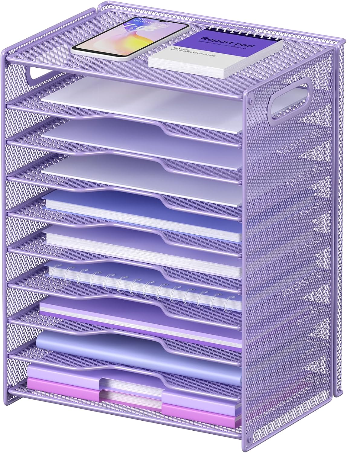 10 Tier Paper Organizer - Letter Tray Mesh Desk File Organizer with Handles for Office School Desktop, Black