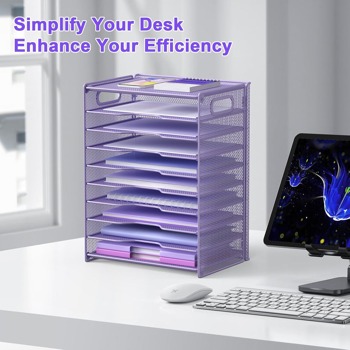 10 Tier Paper Organizer - Letter Tray Mesh Desk File Organizer with Handles for Office School Desktop, Black