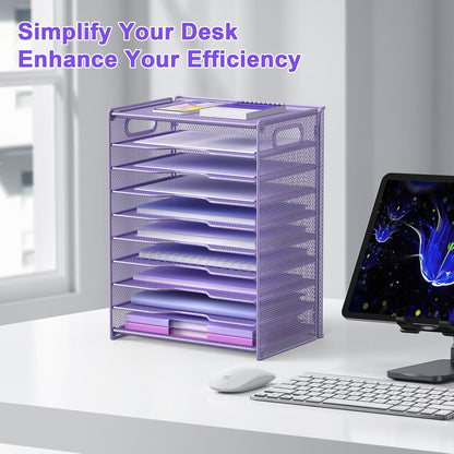 10 Tier Paper Organizer - Letter Tray Mesh Desk File Organizer with Handles for Office School Desktop, Black