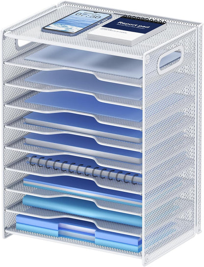 10 Tier Paper Organizer - Letter Tray Mesh Desk File Organizer with Handles for Office School Desktop, Black