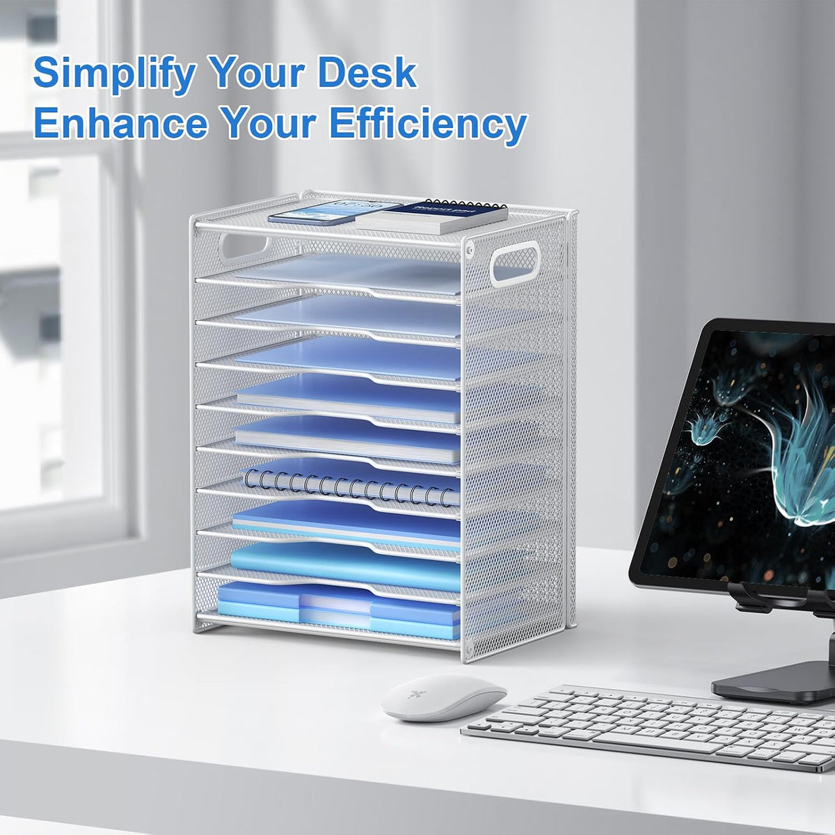 10 Tier Paper Organizer - Letter Tray Mesh Desk File Organizer with Handles for Office School Desktop, Black