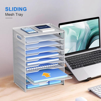 10 Tier Paper Organizer - Letter Tray Mesh Desk File Organizer with Handles for Office School Desktop, Black