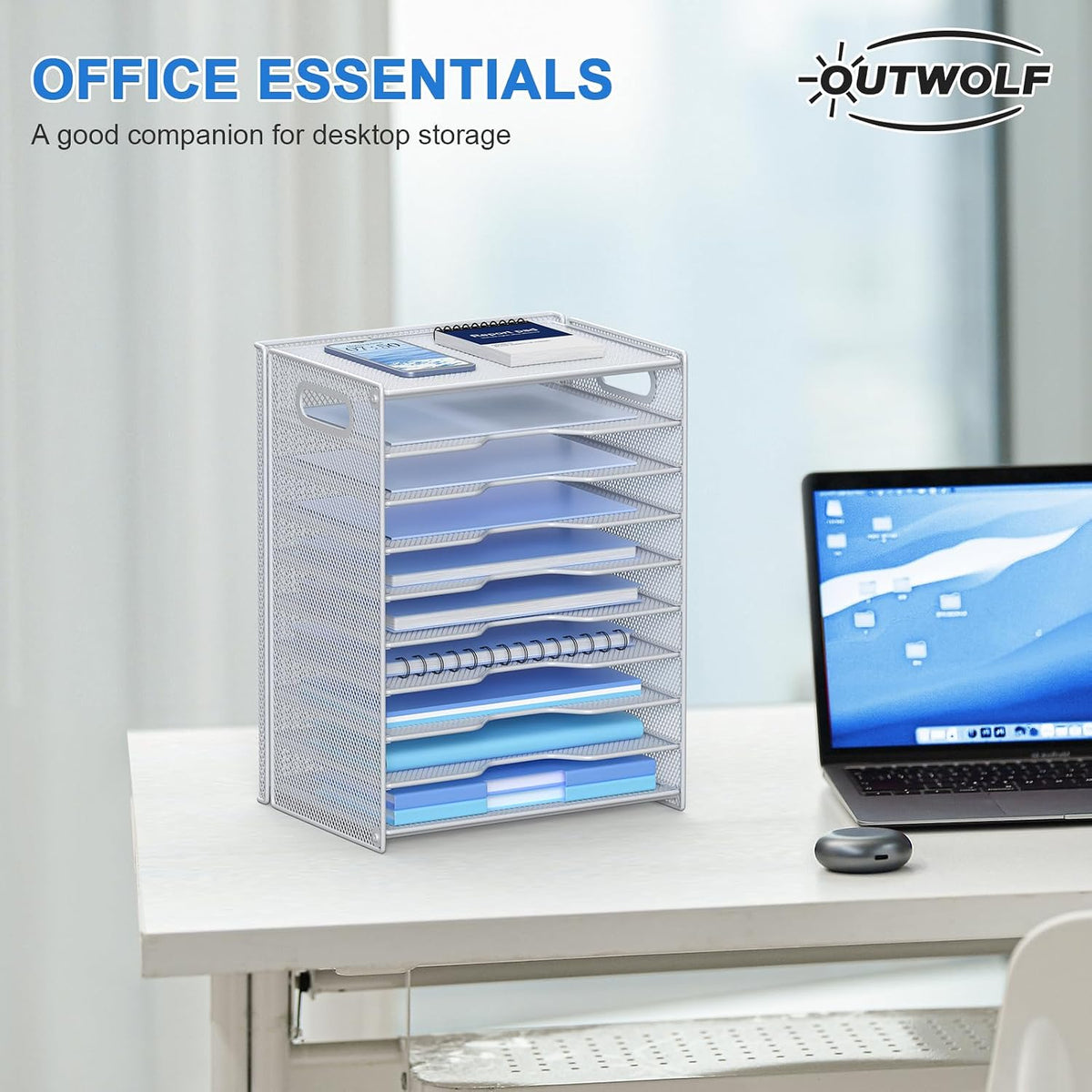 10 Tier Paper Organizer - Letter Tray Mesh Desk File Organizer with Handles for Office School Desktop, Black