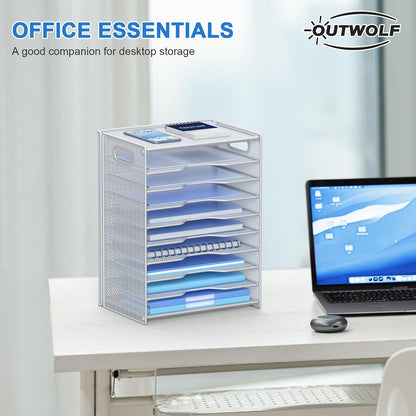 10 Tier Paper Organizer - Letter Tray Mesh Desk File Organizer with Handles for Office School Desktop, Black