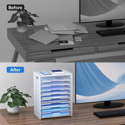 10 Tier Paper Organizer - Letter Tray Mesh Desk File Organizer with Handles for Office School Desktop, Black