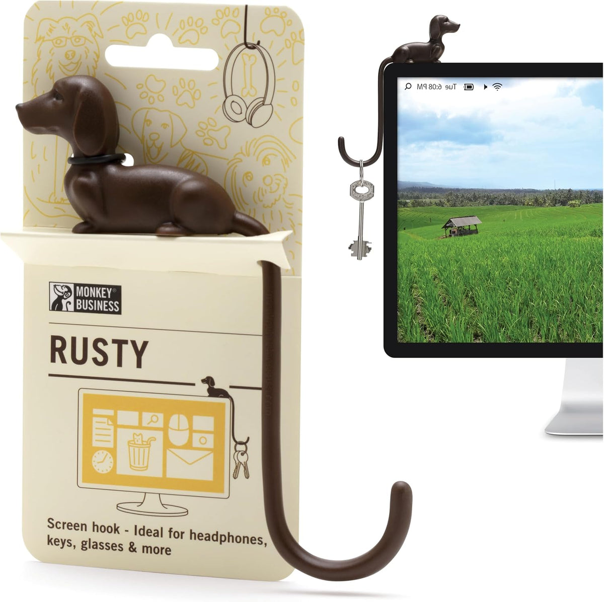 Monkey Business Rusty The Dog Tail Hook for Computer Screen, Desk Headphone Hanger Organizer Decorative Hooks, Adhesive Hook for Hanging Keys Cables Hats and Computer Accessories