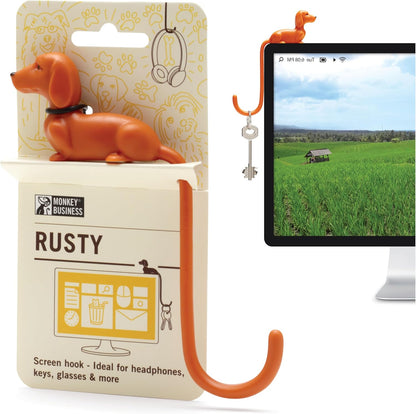 Monkey Business Rusty The Dog Tail Hook for Computer Screen, Desk Headphone Hanger Organizer Decorative Hooks, Adhesive Hook for Hanging Keys Cables Hats and Computer Accessories