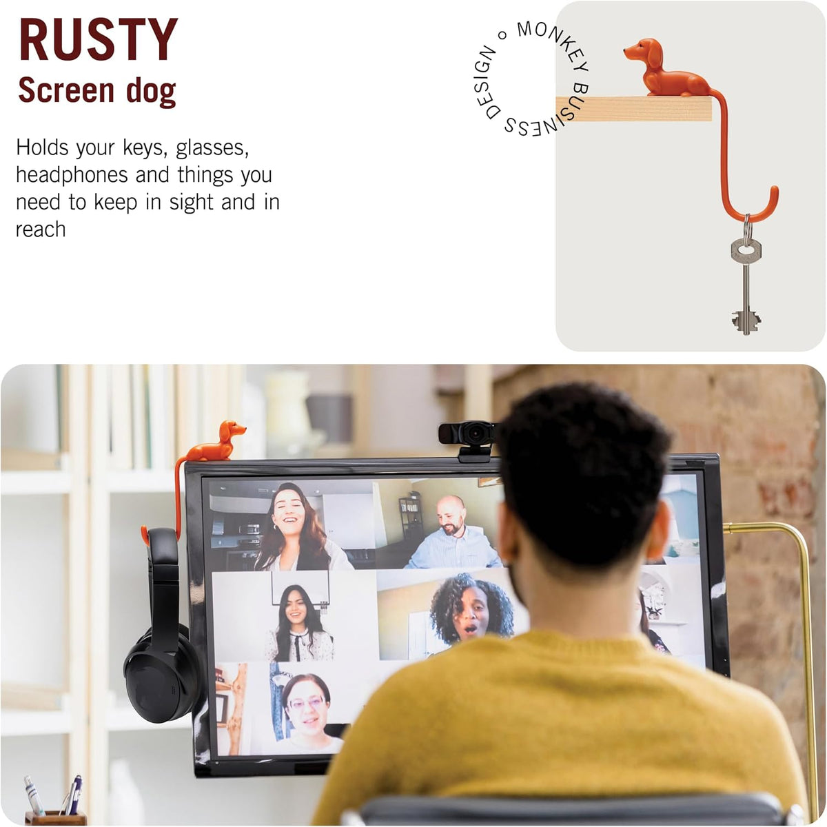 Monkey Business Rusty The Dog Tail Hook for Computer Screen, Desk Headphone Hanger Organizer Decorative Hooks, Adhesive Hook for Hanging Keys Cables Hats and Computer Accessories