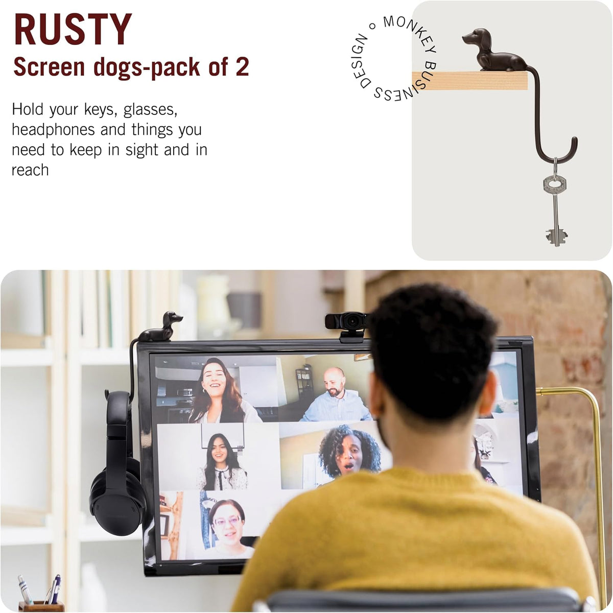 Monkey Business Rusty The Dog Tail Hook for Computer Screen, Desk Headphone Hanger Organizer Decorative Hooks, Adhesive Hook for Hanging Keys Cables Hats and Computer Accessories