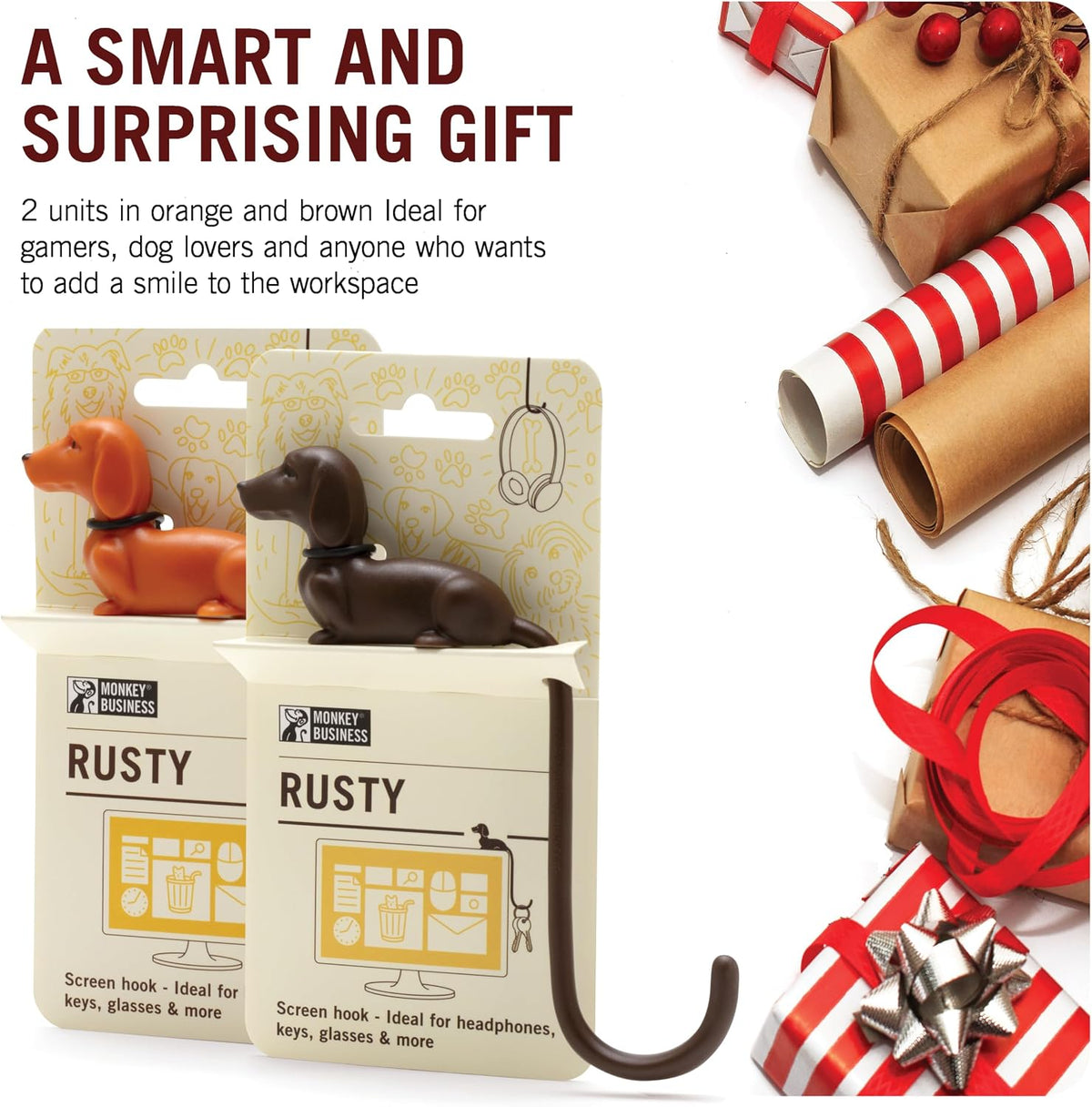 Monkey Business Rusty The Dog Tail Hook for Computer Screen, Desk Headphone Hanger Organizer Decorative Hooks, Adhesive Hook for Hanging Keys Cables Hats and Computer Accessories