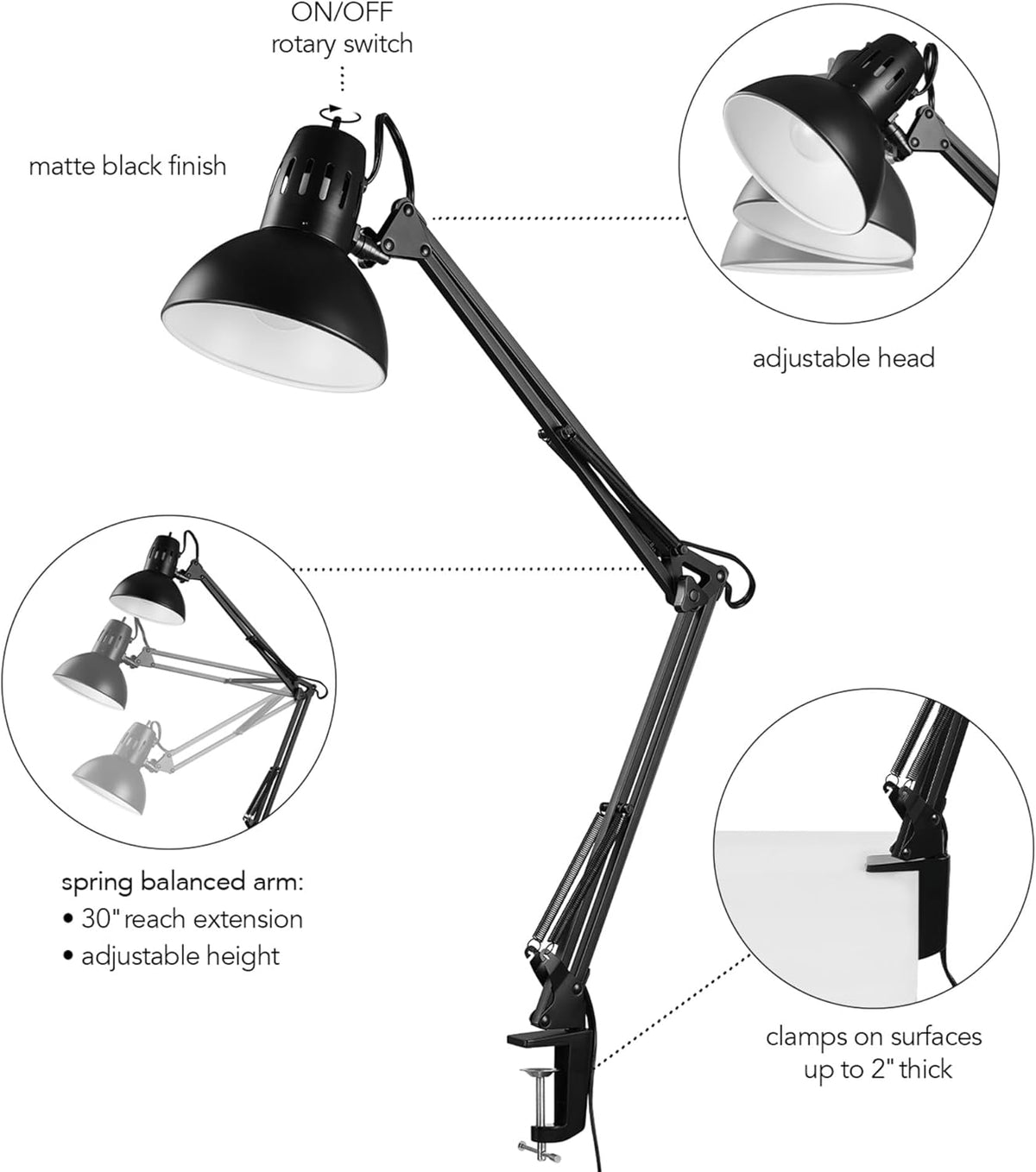 56963 31.5" Multi-Joint Desk Lamp with Metal Clamp, Black, On/Off Rotary Switch on Shade, Partially Adjustable Swing Arm, Home Essentials, Reading Light, Office Décor