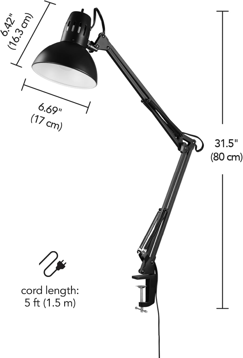56963 31.5" Multi-Joint Desk Lamp with Metal Clamp, Black, On/Off Rotary Switch on Shade, Partially Adjustable Swing Arm, Home Essentials, Reading Light, Office Décor