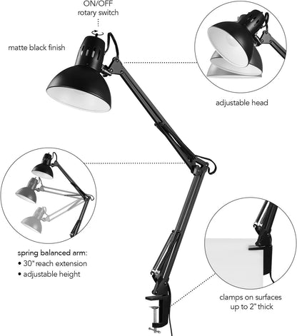 56963 31.5" Multi-Joint Desk Lamp with Metal Clamp, Black, On/Off Rotary Switch on Shade, Partially Adjustable Swing Arm, Home Essentials, Reading Light, Office Décor