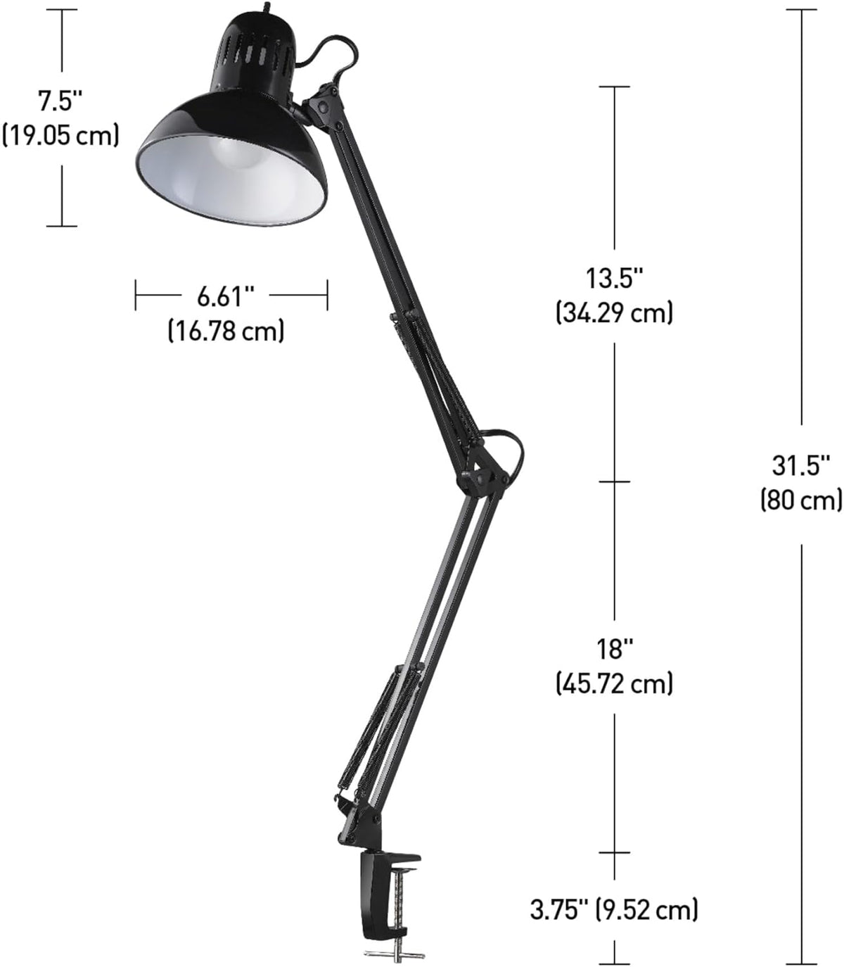 56963 31.5" Multi-Joint Desk Lamp with Metal Clamp, Black, On/Off Rotary Switch on Shade, Partially Adjustable Swing Arm, Home Essentials, Reading Light, Office Décor