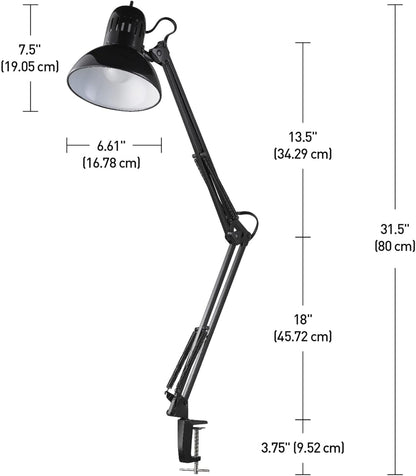 56963 31.5" Multi-Joint Desk Lamp with Metal Clamp, Black, On/Off Rotary Switch on Shade, Partially Adjustable Swing Arm, Home Essentials, Reading Light, Office Décor