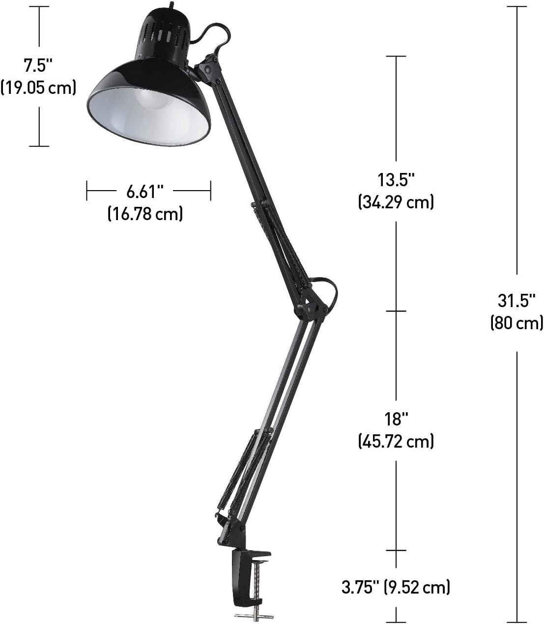 56963 31.5" Multi-Joint Desk Lamp with Metal Clamp, Black, On/Off Rotary Switch on Shade, Partially Adjustable Swing Arm, Home Essentials, Reading Light, Office Décor