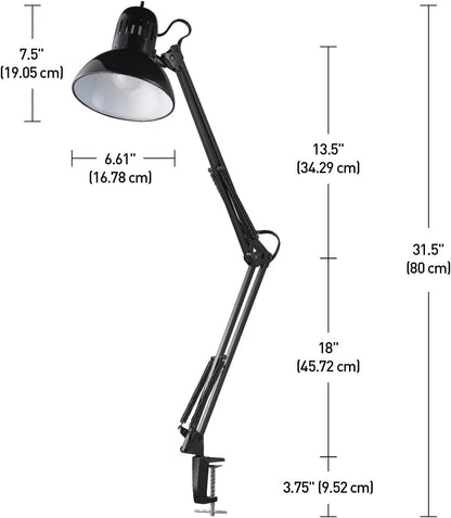 56963 31.5" Multi-Joint Desk Lamp with Metal Clamp, Black, On/Off Rotary Switch on Shade, Partially Adjustable Swing Arm, Home Essentials, Reading Light, Office Décor