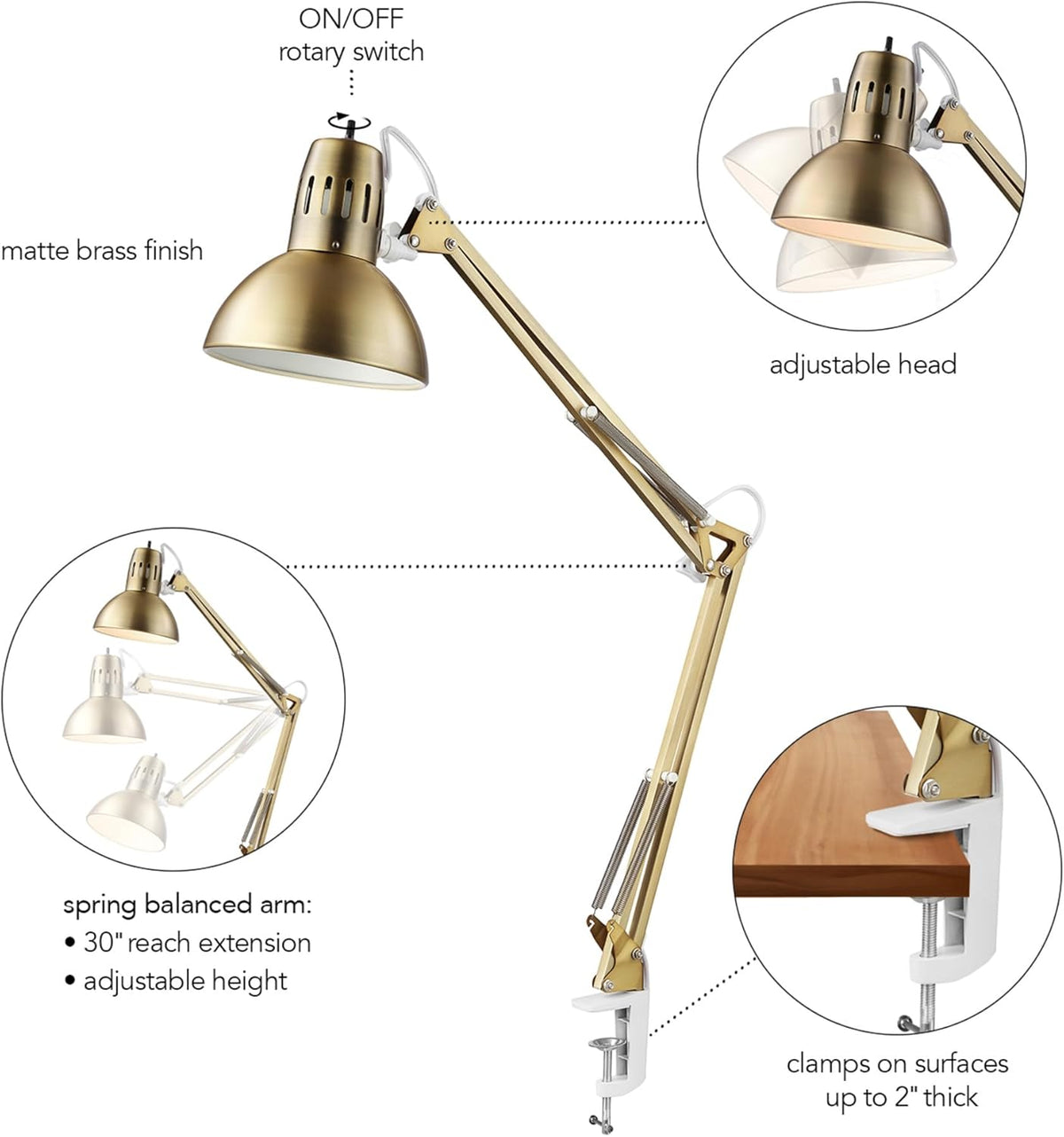 56963 31.5" Multi-Joint Desk Lamp with Metal Clamp, Black, On/Off Rotary Switch on Shade, Partially Adjustable Swing Arm, Home Essentials, Reading Light, Office Décor