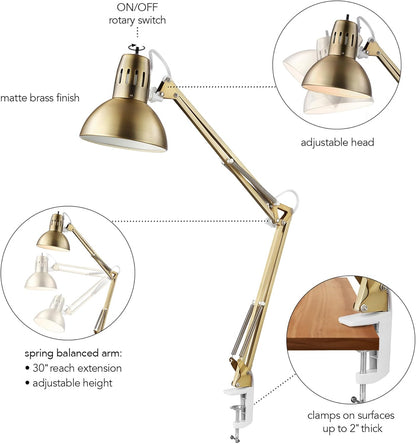 56963 31.5" Multi-Joint Desk Lamp with Metal Clamp, Black, On/Off Rotary Switch on Shade, Partially Adjustable Swing Arm, Home Essentials, Reading Light, Office Décor