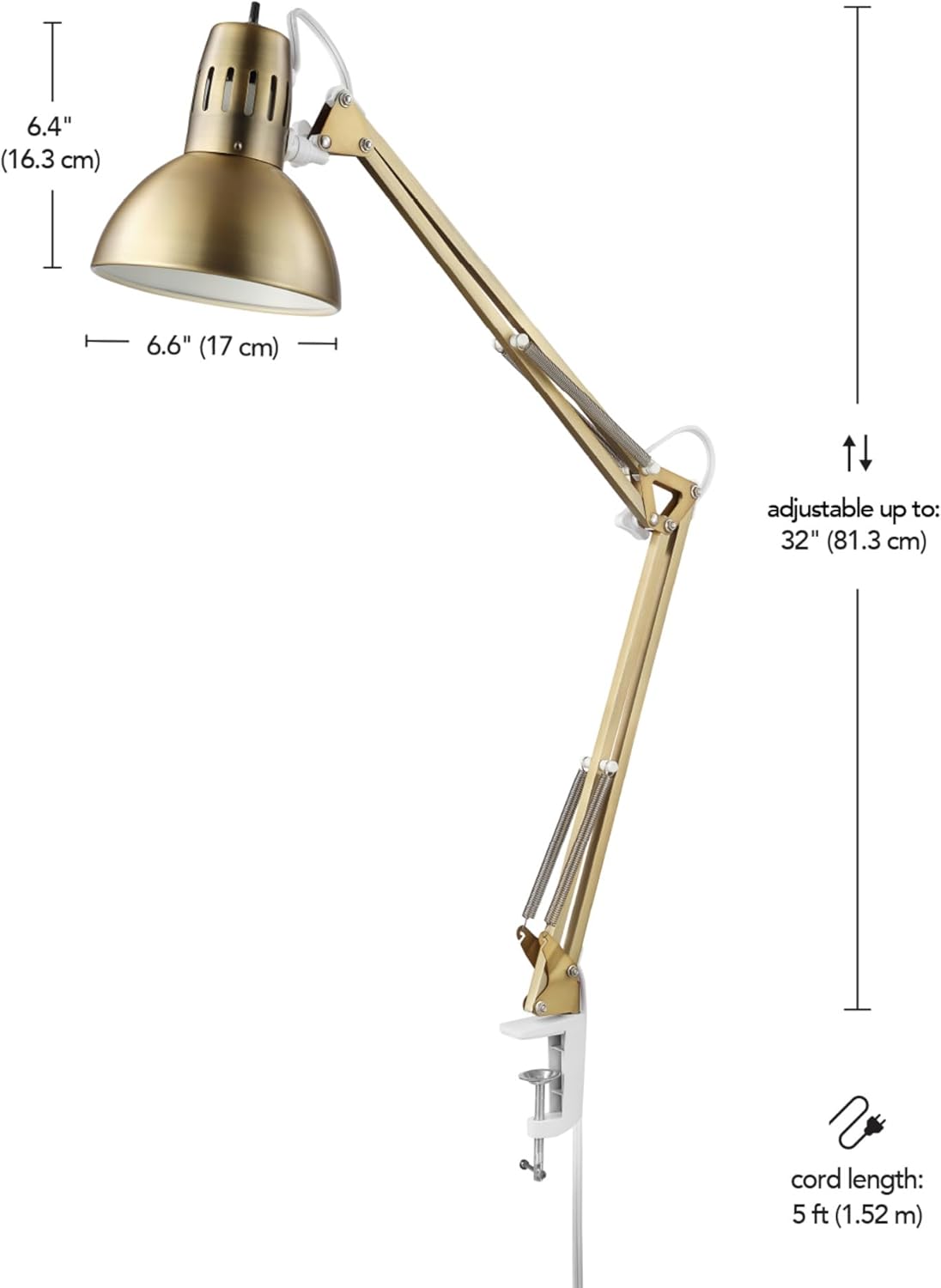 56963 31.5" Multi-Joint Desk Lamp with Metal Clamp, Black, On/Off Rotary Switch on Shade, Partially Adjustable Swing Arm, Home Essentials, Reading Light, Office Décor