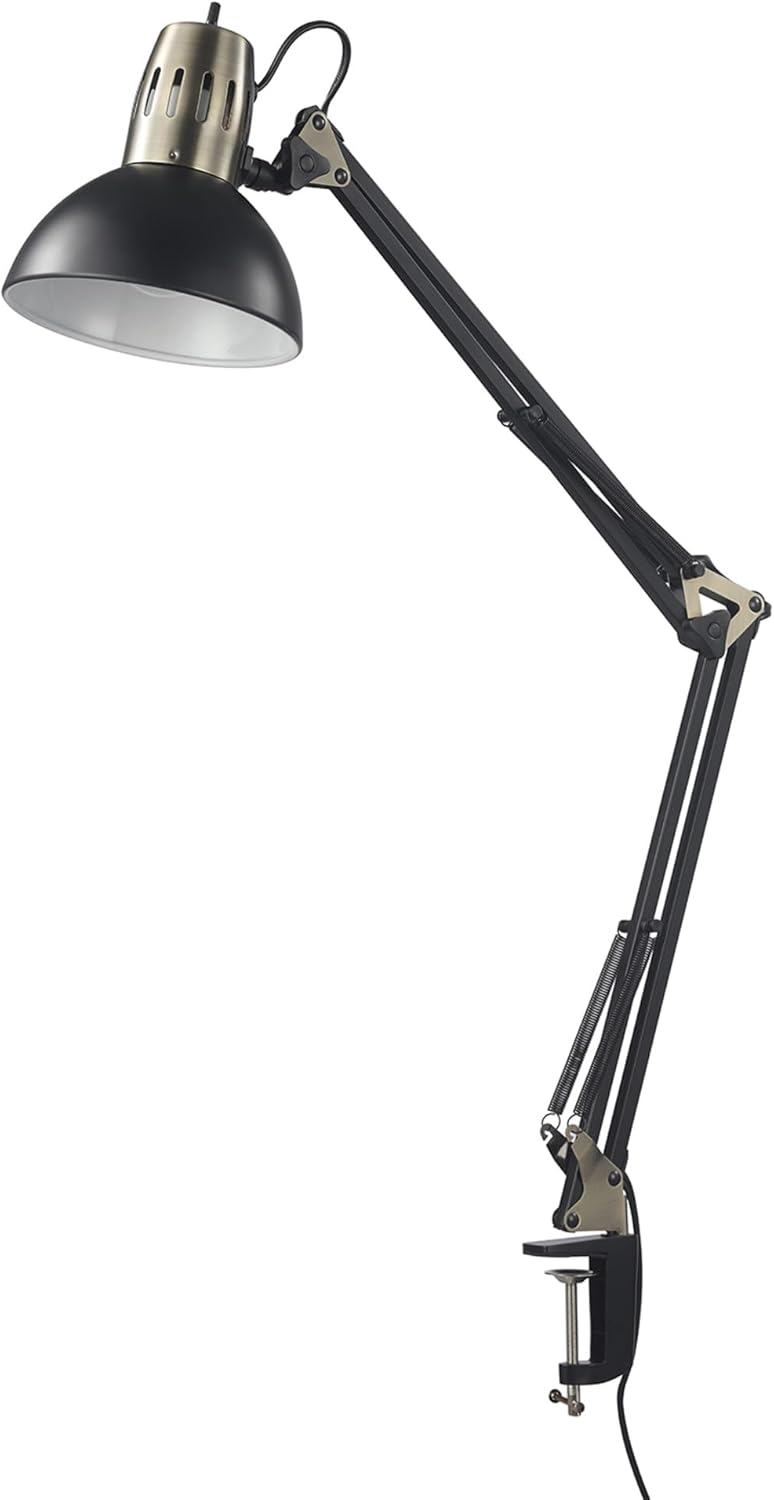 56963 31.5" Multi-Joint Desk Lamp with Metal Clamp, Black, On/Off Rotary Switch on Shade, Partially Adjustable Swing Arm, Home Essentials, Reading Light, Office Décor