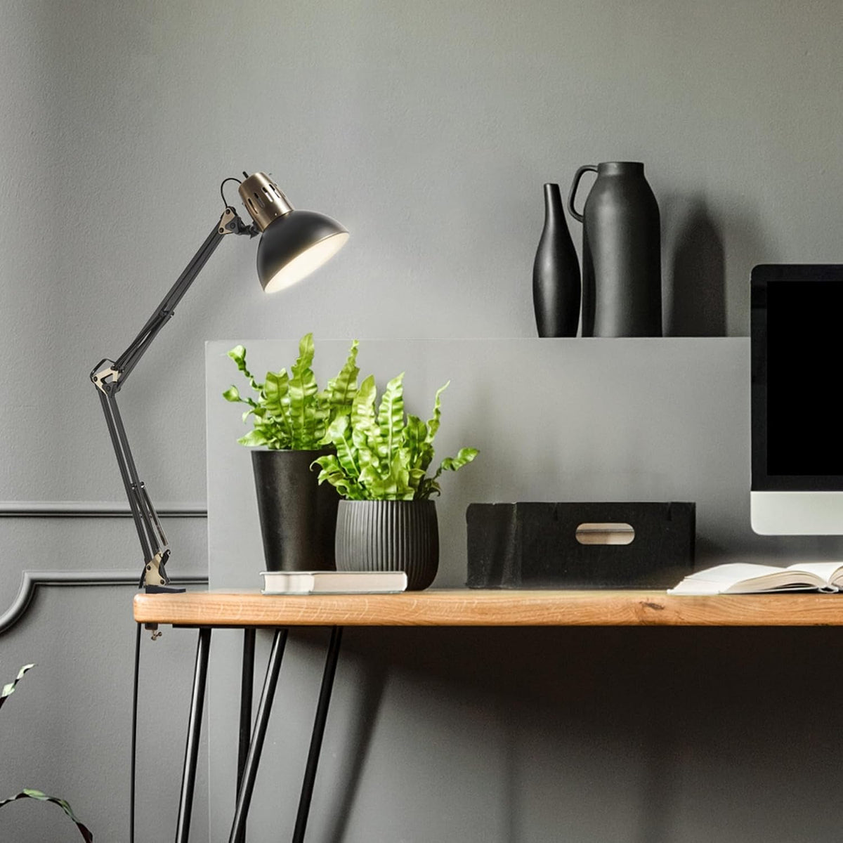56963 31.5" Multi-Joint Desk Lamp with Metal Clamp, Black, On/Off Rotary Switch on Shade, Partially Adjustable Swing Arm, Home Essentials, Reading Light, Office Décor