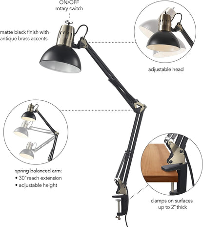 56963 31.5" Multi-Joint Desk Lamp with Metal Clamp, Black, On/Off Rotary Switch on Shade, Partially Adjustable Swing Arm, Home Essentials, Reading Light, Office Décor