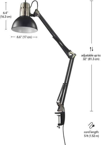 56963 31.5" Multi-Joint Desk Lamp with Metal Clamp, Black, On/Off Rotary Switch on Shade, Partially Adjustable Swing Arm, Home Essentials, Reading Light, Office Décor