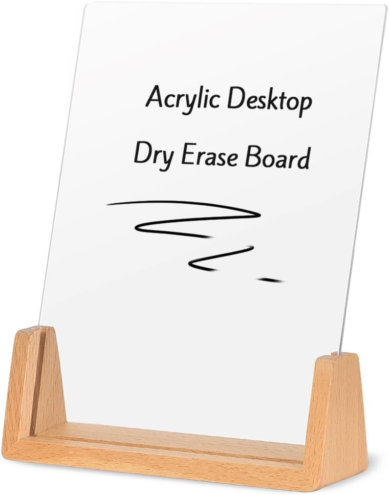 Acrylic Dry Erase White Board with Solid Wood Base, Clear Desktop Whiteboard Memo Board, Desktop Writing Note Pad, Mini Acrylic Board for Tabletop Display(Rustic Base,Acry)