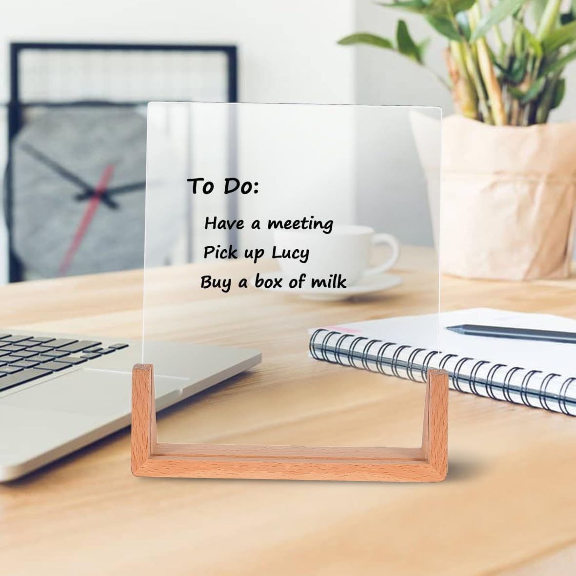 Acrylic Dry Erase White Board with Solid Wood Base, Clear Desktop Whiteboard Memo Board, Desktop Writing Note Pad, Mini Acrylic Board for Tabletop Display(Rustic Base,Acry)