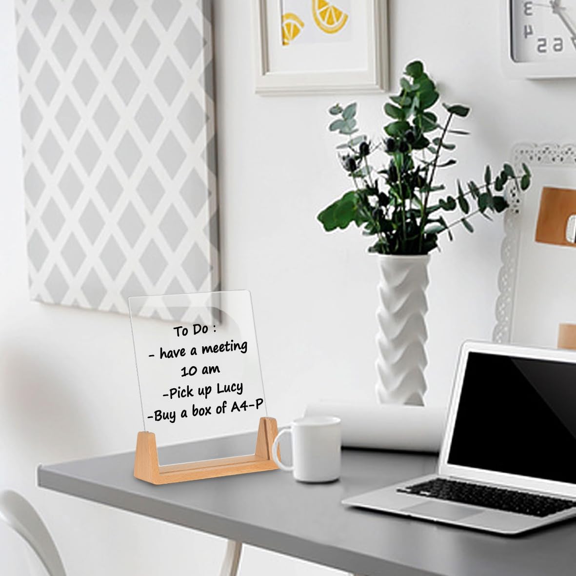 Acrylic Dry Erase White Board with Solid Wood Base, Clear Desktop Whiteboard Memo Board, Desktop Writing Note Pad, Mini Acrylic Board for Tabletop Display(Rustic Base,Acry)