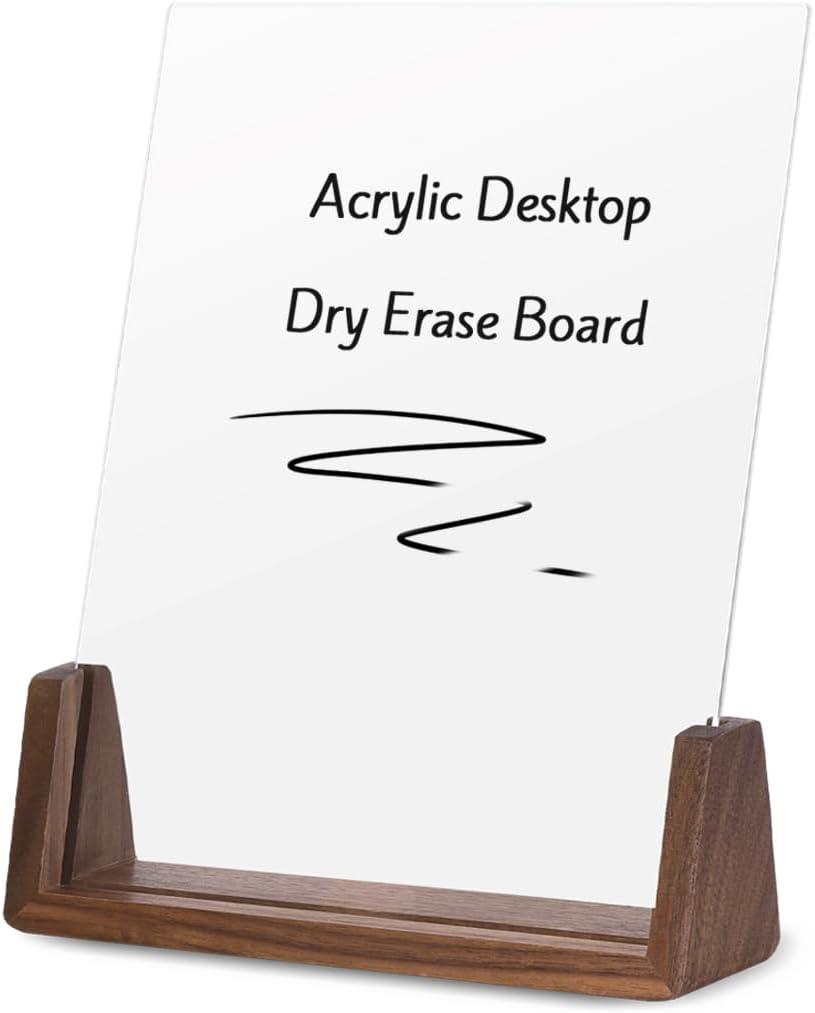 Acrylic Dry Erase White Board with Solid Wood Base, Clear Desktop Whiteboard Memo Board, Desktop Writing Note Pad, Mini Acrylic Board for Tabletop Display(Rustic Base,Acry)