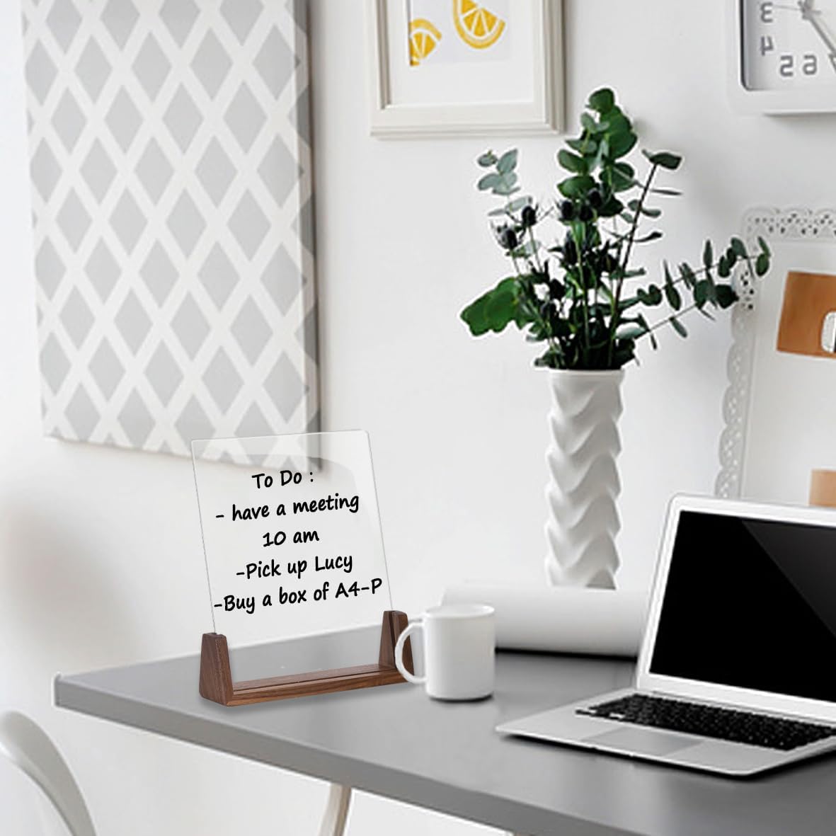 Acrylic Dry Erase White Board with Solid Wood Base, Clear Desktop Whiteboard Memo Board, Desktop Writing Note Pad, Mini Acrylic Board for Tabletop Display(Rustic Base,Acry)