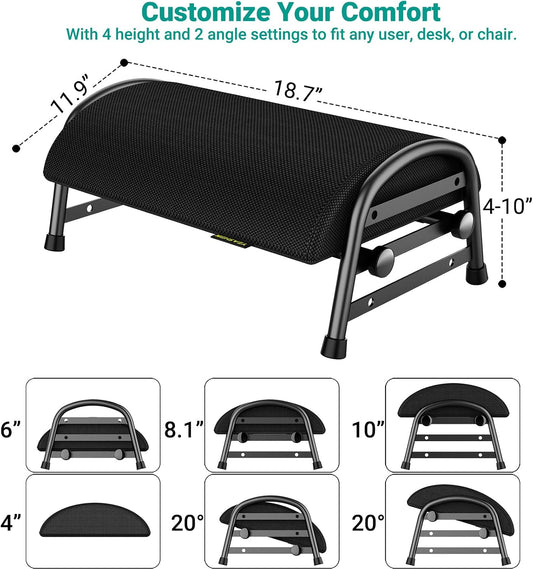 Adjustable Foot Rest for Under Desk at Work, 6 Positions - Black
