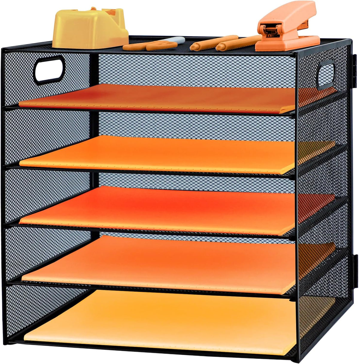 5-Tier Paper Letter Tray Organizer with File Holder，Paper Sorter Desk Organizer Metal mesh Desk Tray for Home Office School