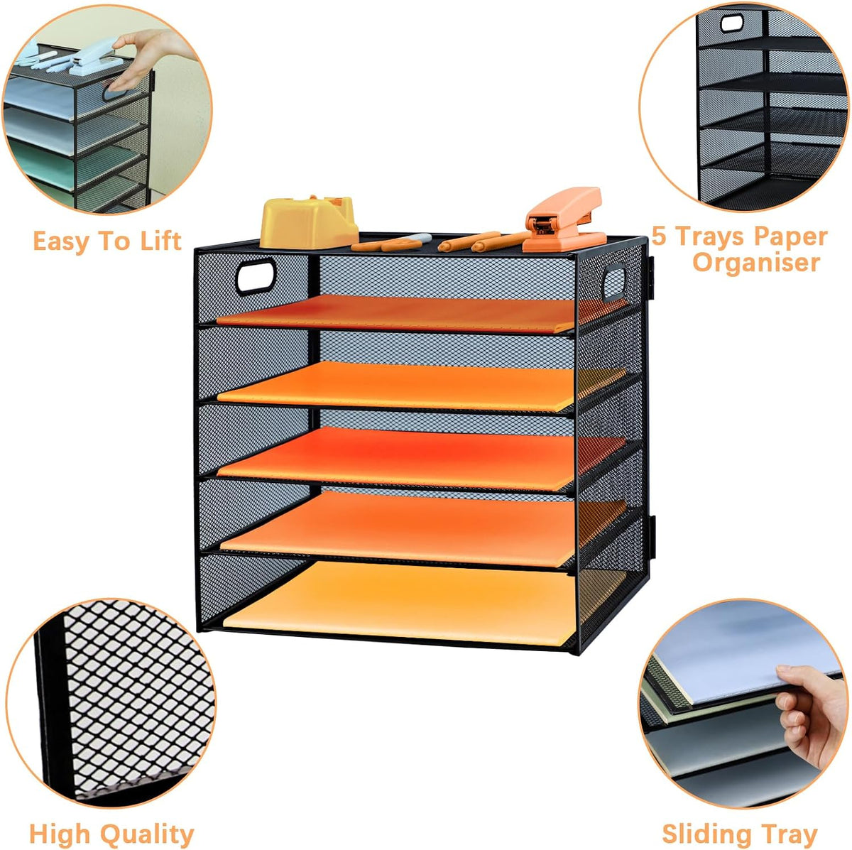 5-Tier Paper Letter Tray Organizer with File Holder，Paper Sorter Desk Organizer Metal mesh Desk Tray for Home Office School