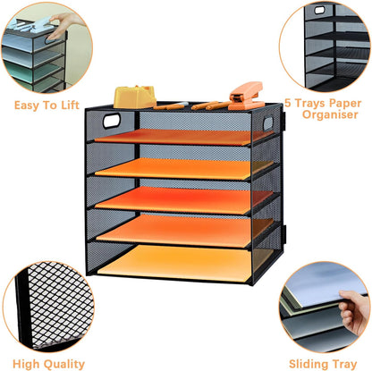 5-Tier Paper Letter Tray Organizer with File Holder，Paper Sorter Desk Organizer Metal mesh Desk Tray for Home Office School