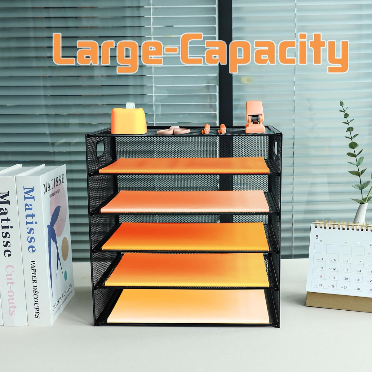 5-Tier Paper Letter Tray Organizer with File Holder，Paper Sorter Desk Organizer Metal mesh Desk Tray for Home Office School