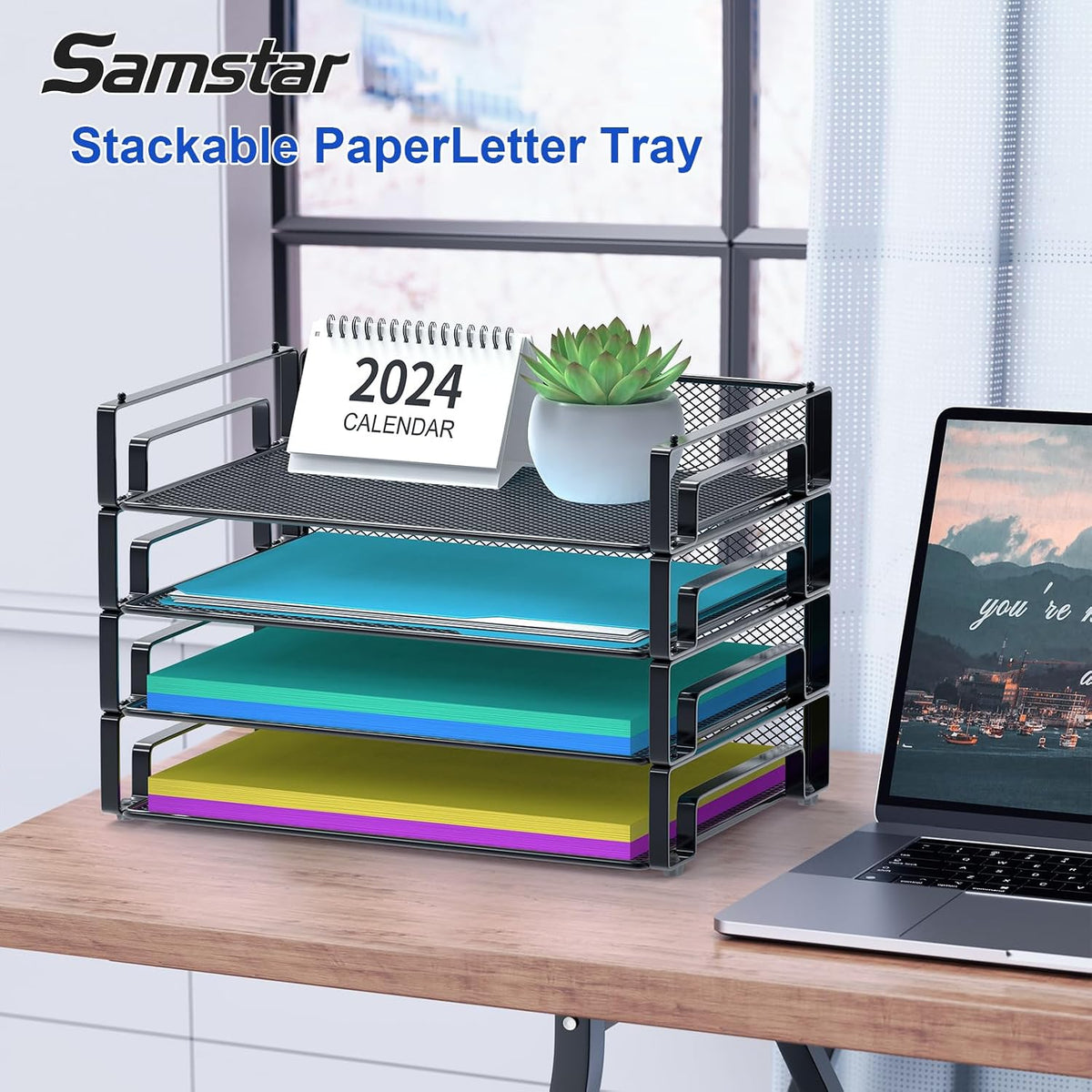 4 Pack Stackable Letter Paper Tray, Desk File Organizer Paper Sorter for Letter/A4 Size Folders Documents, Mesh Made