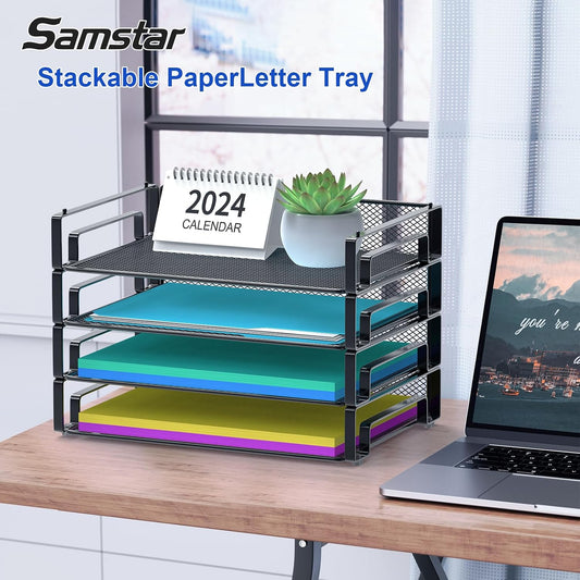 4 Pack Stackable Letter Paper Tray, Desk File Organizer Paper Sorter for Letter/A4 Size Folders Documents, Mesh Made