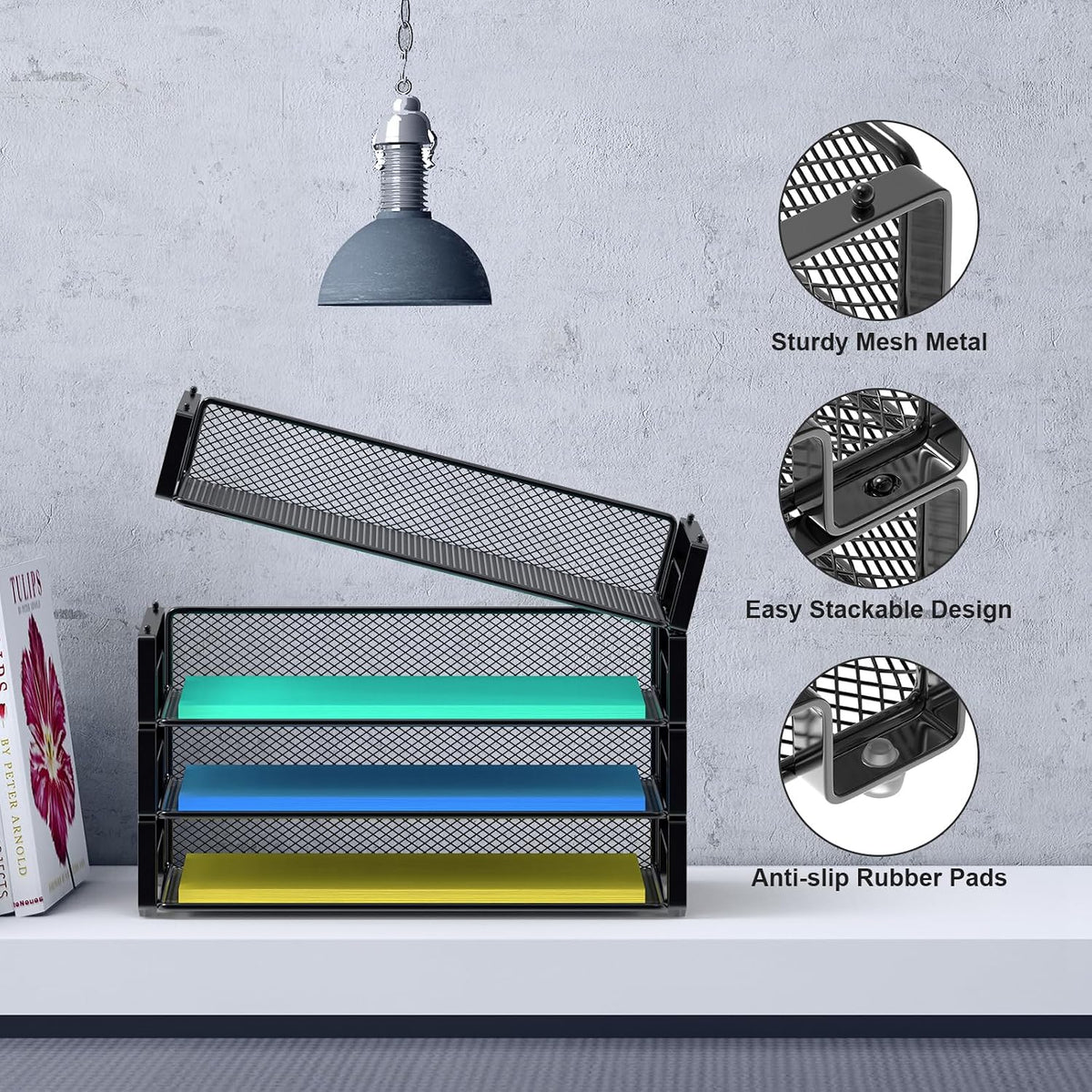 4 Pack Stackable Letter Paper Tray, Desk File Organizer Paper Sorter for Letter/A4 Size Folders Documents, Mesh Made
