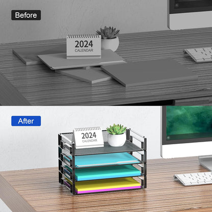 4 Pack Stackable Letter Paper Tray, Desk File Organizer Paper Sorter for Letter/A4 Size Folders Documents, Mesh Made